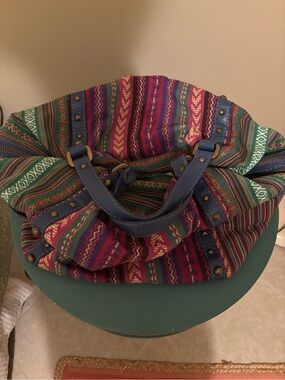 VIDA Multicolor Tribal Tote with Blue Handles